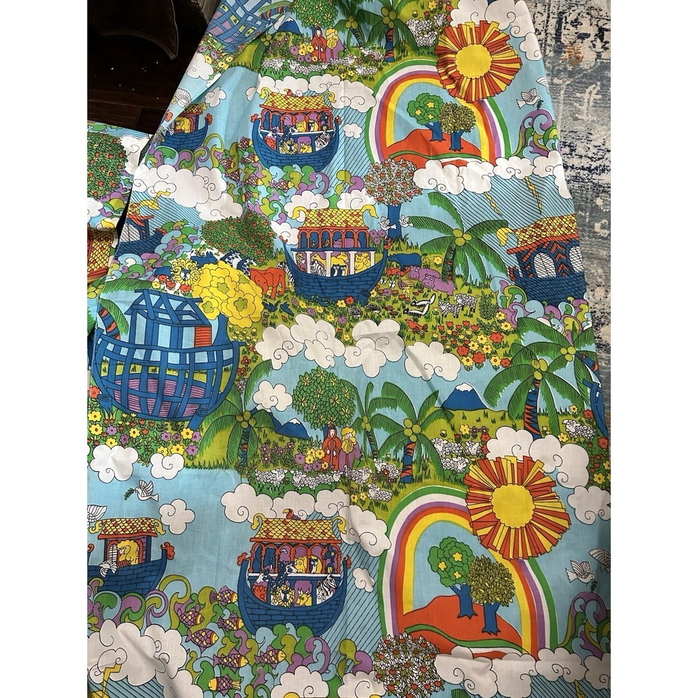 Vtg 4 Sears Noah's Ark Psychedelic Mod Colorful Retro Homemade Curtain Panels